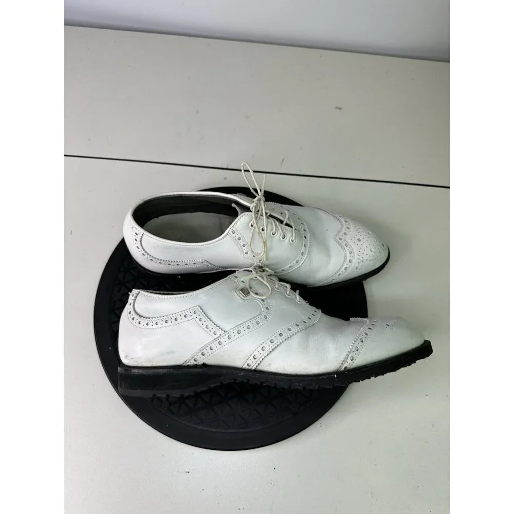 Footjoy 55160 Rare White Brogued Leather Wingtip Golf Shoes Made In USA Sz 8D